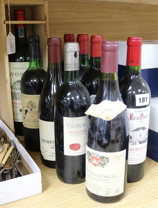 10 assorted bottles of red wine inc. magnum of Chateau Lyonnat 1986 & Georey Chambertin 1997